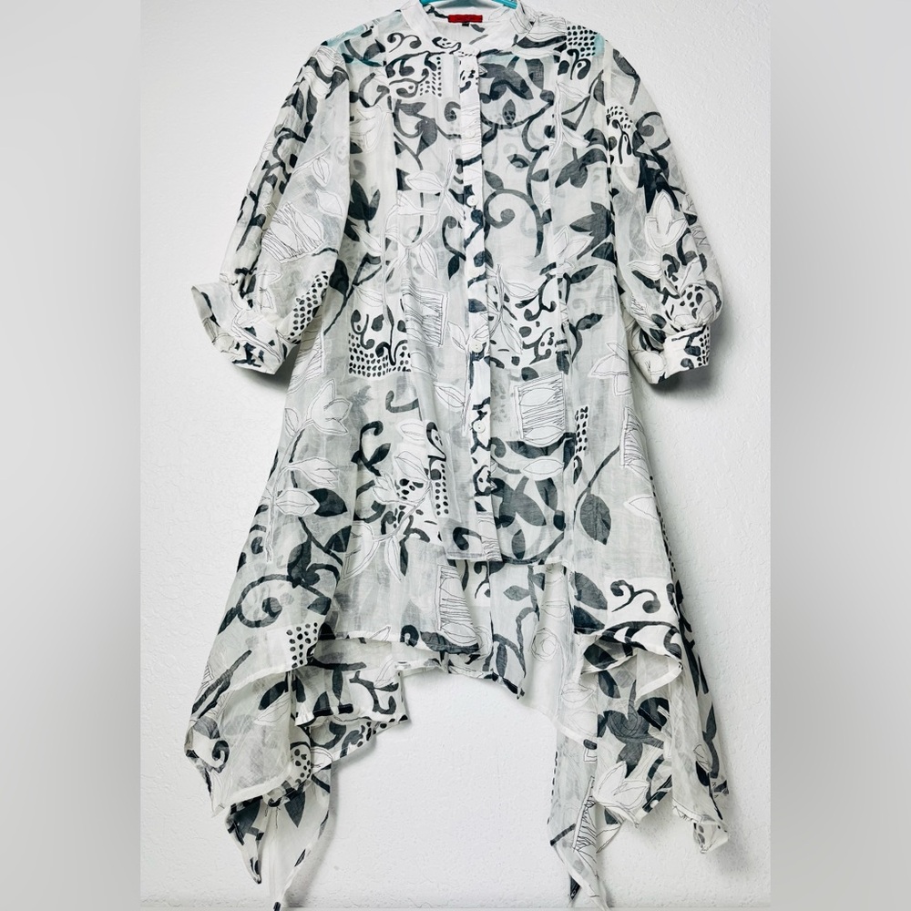 Saint Gil Paris Women’s Top Large White Black Assymetrical Linen Tunic Blouse